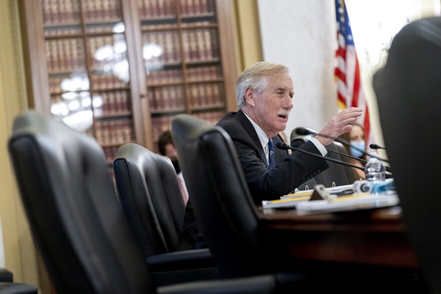 Sen. Angus King, I-Maine, speaks during a Senate Rules and Administration Committee oversight hearing on the Jan. 6, attack on the Capitol, on Capitol Hill in Washington, Tuesday, Dec. 7, 2021.