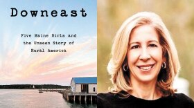 Composite image of the book jacket of Downeast a novel and a photo of author Gigi Georges