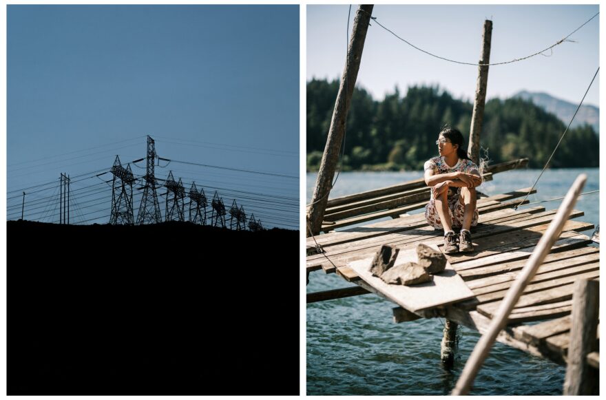 Two pictures: The first picture is over powerlines at late dusk, on a cliff. The other picture is of a young woman wearing glasses sitting on top wooden scaffolding over water.