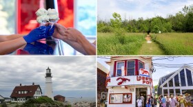 Clockwise from left: A customer picks up their ice cream order at the UConn Dairy Bar in Storrs, Conn. (Raquel C. Zaldívar/New England News Collaborative) A trail leading deeper into the Missisquoi National Wildlife Refuge area, near the welcome center in Swanton, Vermont. (Sophie Stephens/Vermont Public) Portland Head Light Lighthouse in Cape Elizabeth, Maine. (Tulley Hescock/Maine Public). A long line of tourists enters the Lobster Pot in Provincetown in 2022. (Jesse Costa/WBUR file photo)