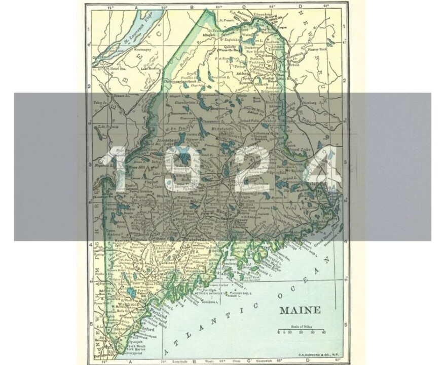 Old map of Maine with the year 1924 superimposed over the map