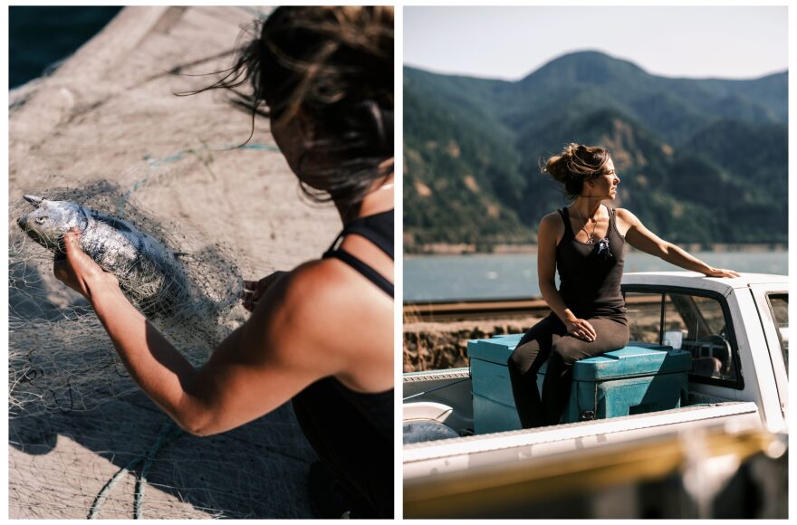 There are two photos: one of a woman holding a fish wrapped in a net, and the other of a woman wearing a black tank top and black pants.