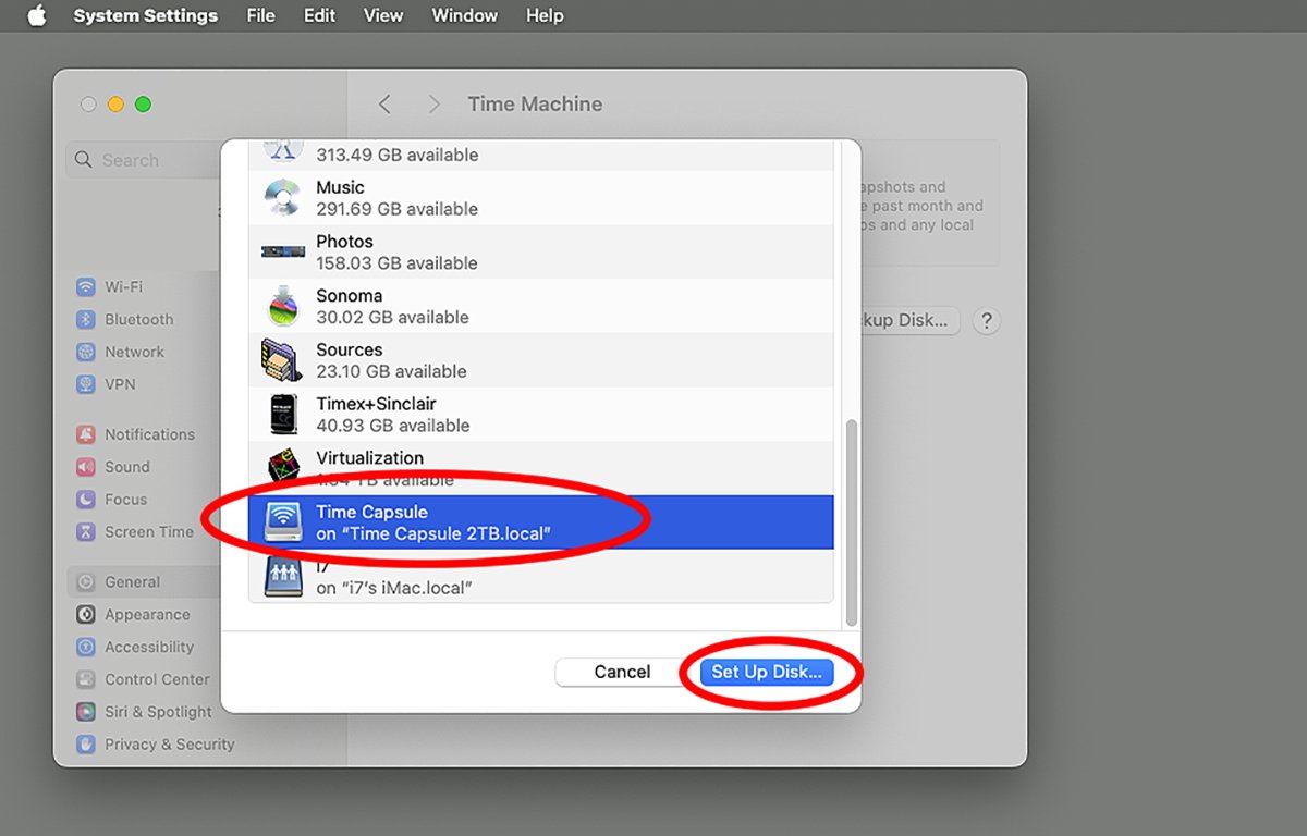 List of drives, with Time Capsule selected, and a button highlighted for Set Up Disk.