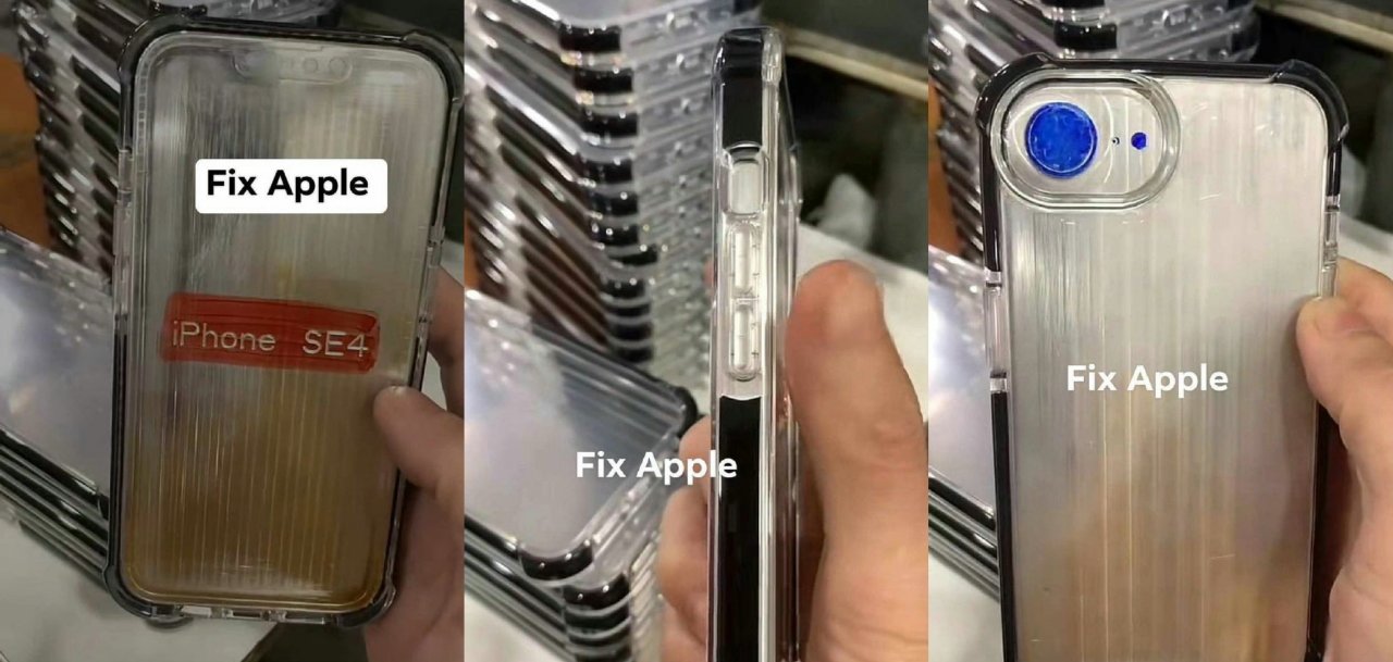 Three photos showing different angles of a transparent phone case labeled 'Fix Apple' with a sticker reading 'iPhone SE4'.