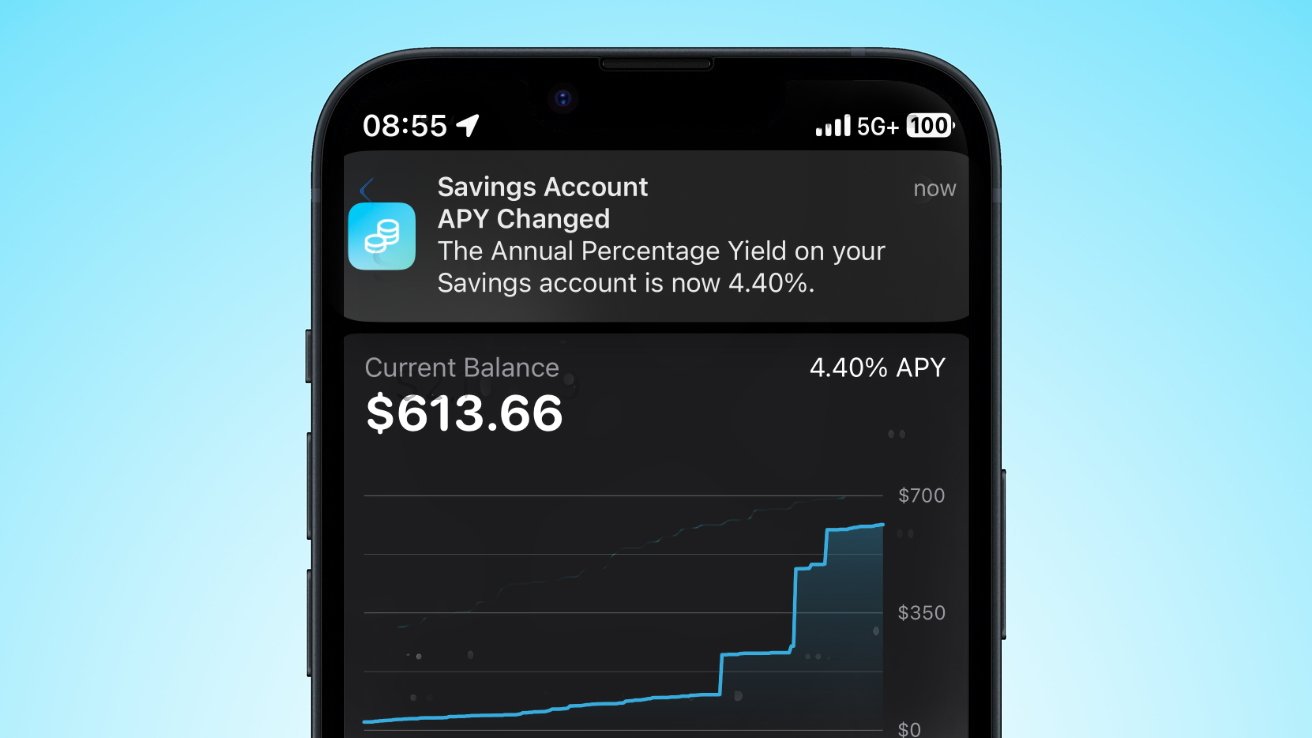 Smartphone screen displaying a notification about an increased APY to 4.40% on a savings account, with a graph showing balance growth.