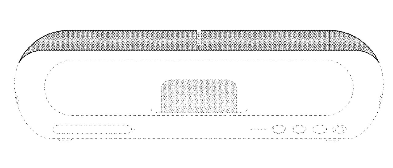 A simplified schematic of a device with a curved shape and dotted texture, possibly representing speakers and buttons.