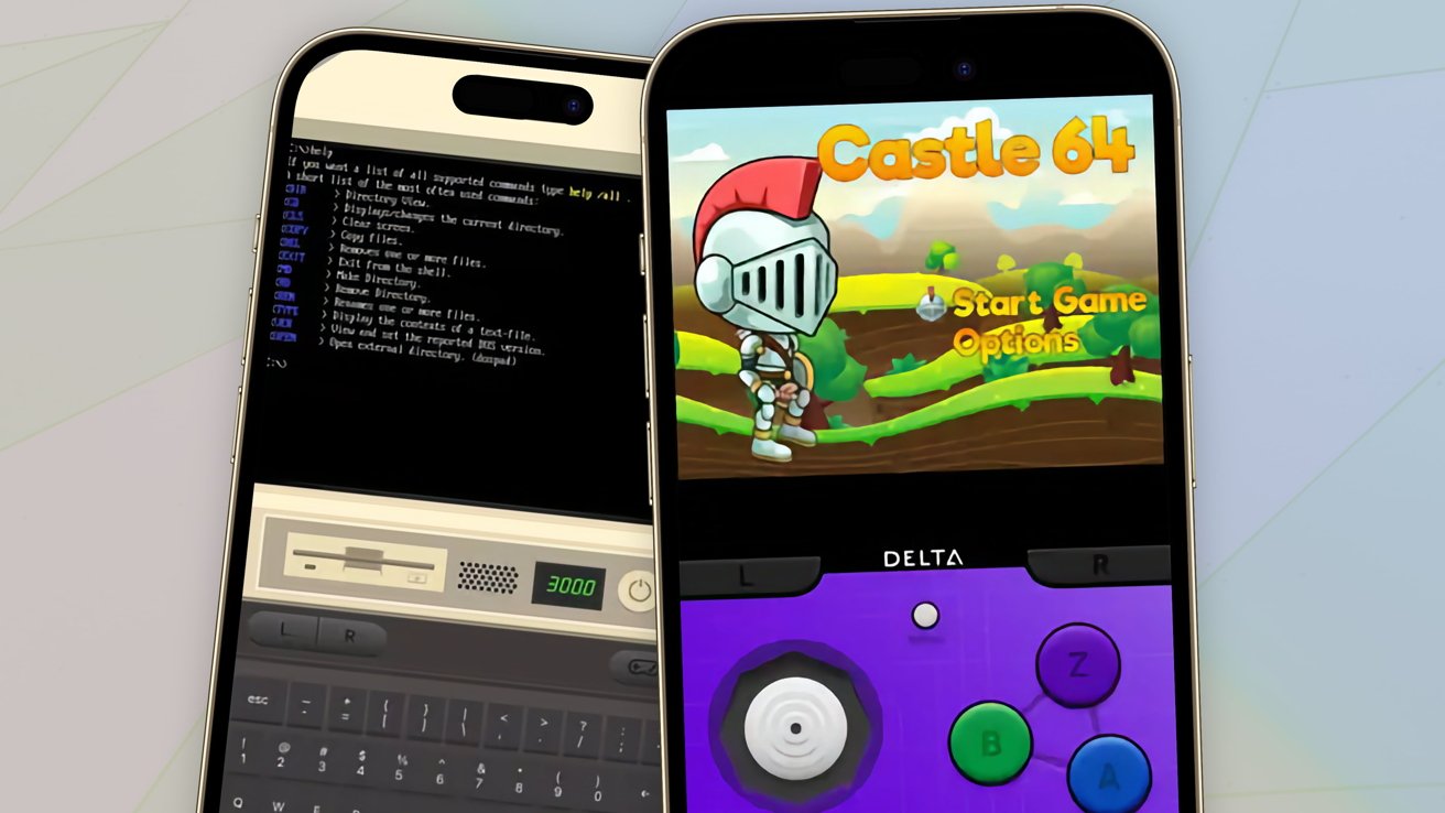 Two smartphones, one displaying text commands on a virtual retro computer and the other showing a knight and Castle 64 game menu with colorful buttons.