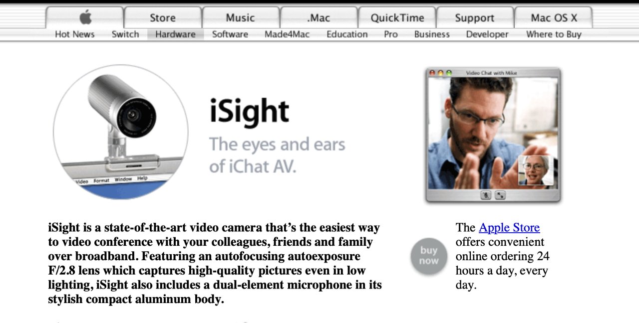 iSight webcam ad featuring a man on a video call, product description, and a 'buy now' button with Apple Store link.