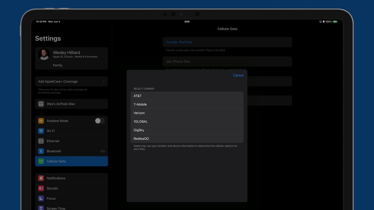 The Settings app Cellular section with carriers shown for various eSIM options