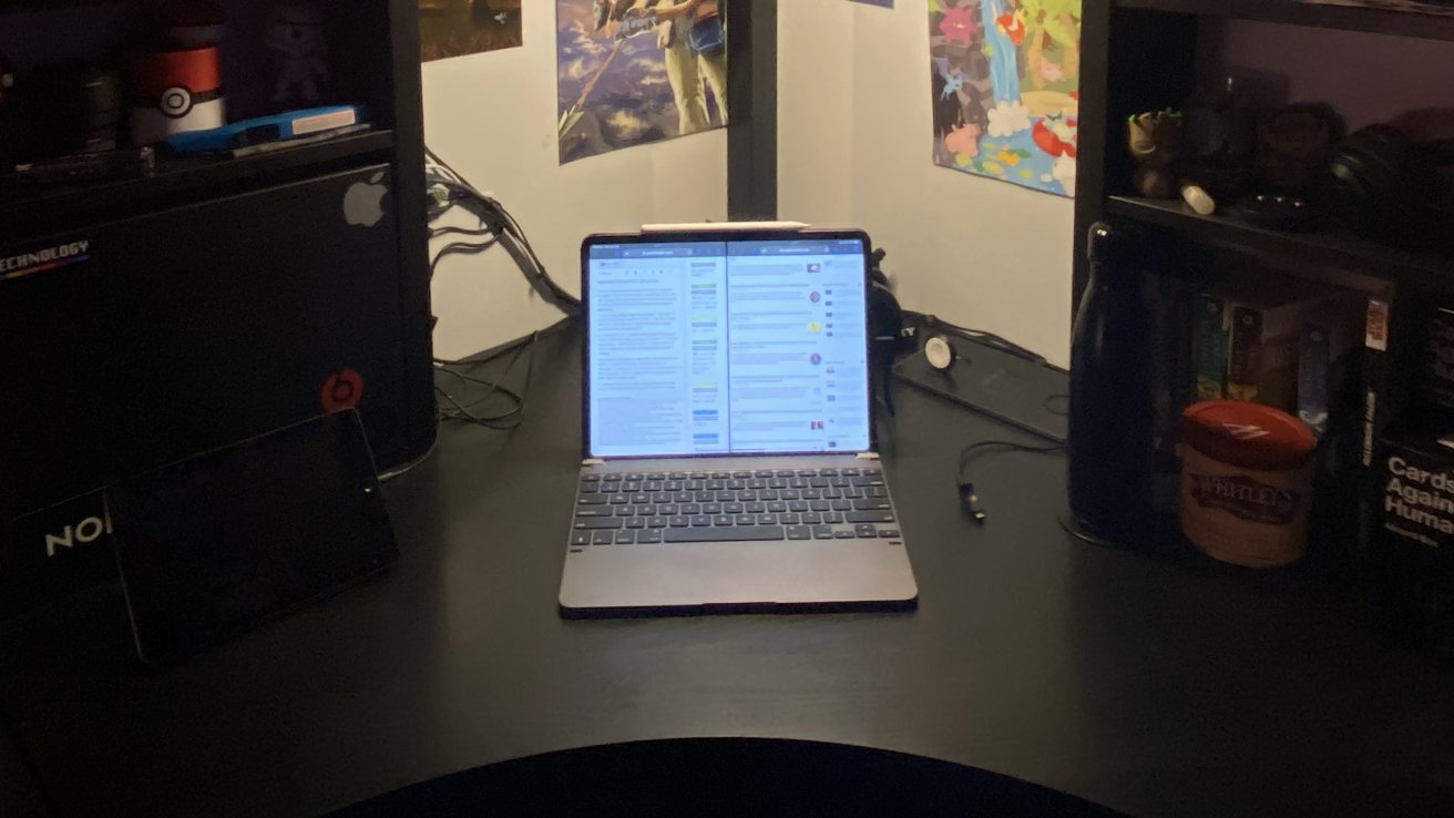 A photo taken in 2020 of an iPad desk setup featuring a Brydge keyboard without a trackpad