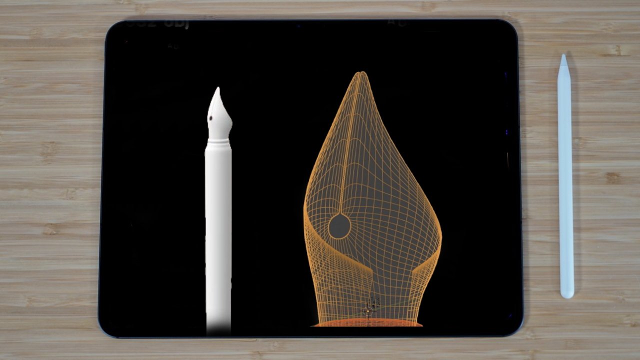 Tablet on a wooden surface displaying a digital pen and a 3D wireframe model of a fountain pen nib.