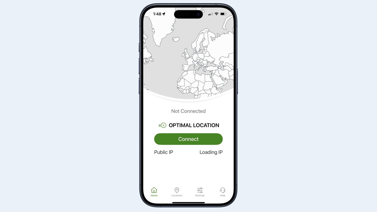 Smartphone screenshot of IPVanish app with world map and optimal connection information.