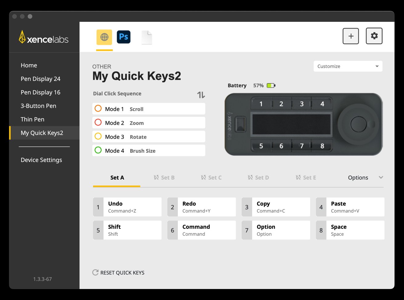 Software interface showing configurable Quick Keys settings for Xencelabs. Displays battery level, modes for dial click sequence, and shortcuts for undo, redo, copy, paste, shift, command, option, space.