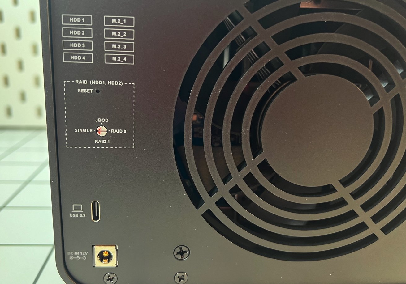 Back panel of the TerraMaster D8 Hybrid with RAID settings, USB 3.2 port, DC power input, and cooling fan vent.