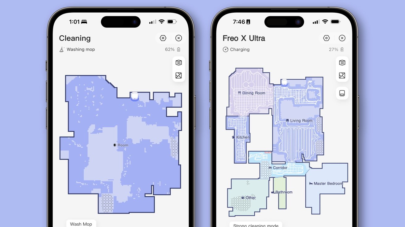 Two screenshots representing a floor plan seen by the Narwal, one with defined rooms, one without