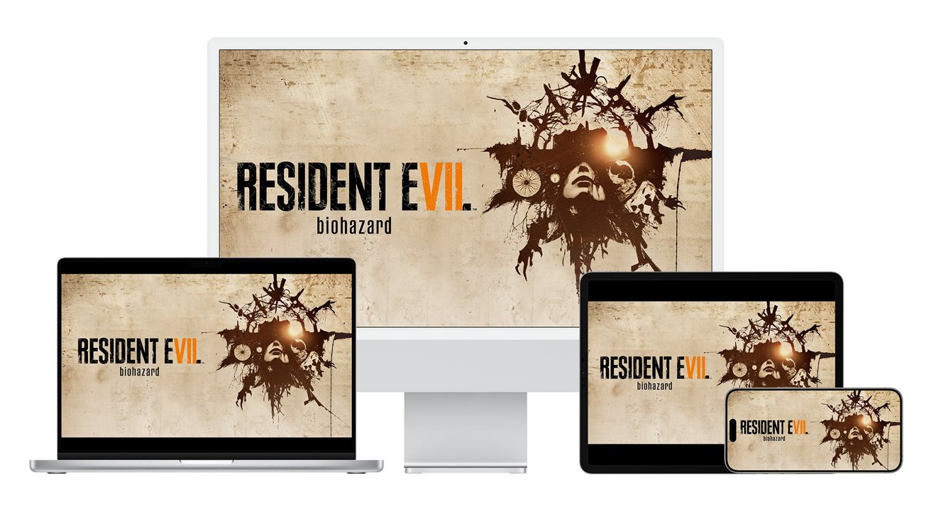 Resident Evil: Biohazard game cover showing a disturbing face and branches displayed on multiple devices including a desktop, laptop, tablet, and phone.