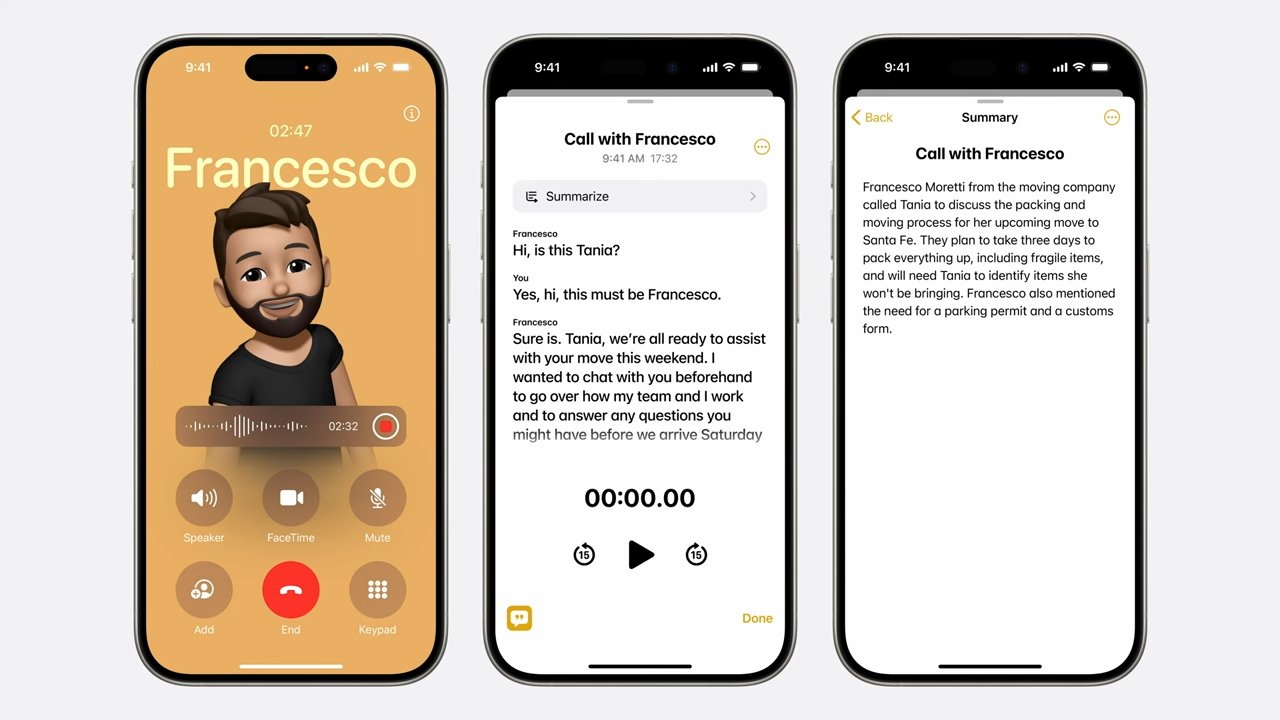 Three smartphone screens showing a call with Francesco, a transcript of the conversation, and a summary detailing moving plans discussed.