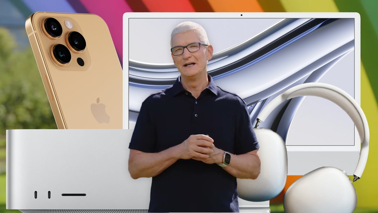 Man in dark shirt stands in front of a monitor, surrounded by a smartphone, computer, and headphones with a colorful background.