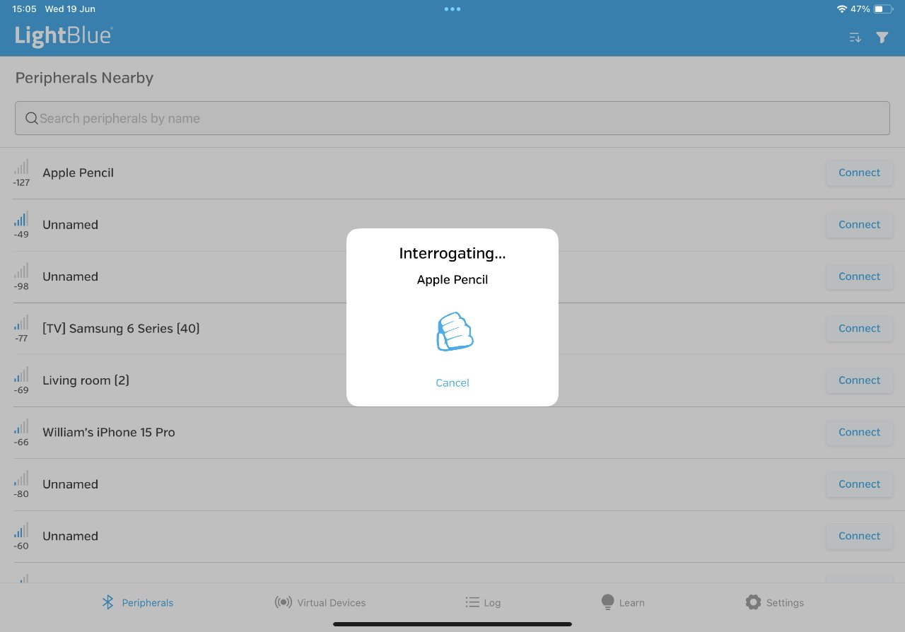 Bluetooth scanning app showing nearby peripherals, highlighting an Apple Pencil being interrogated. Various devices listed with connect buttons, including unnamed devices, TV, and iPhone.