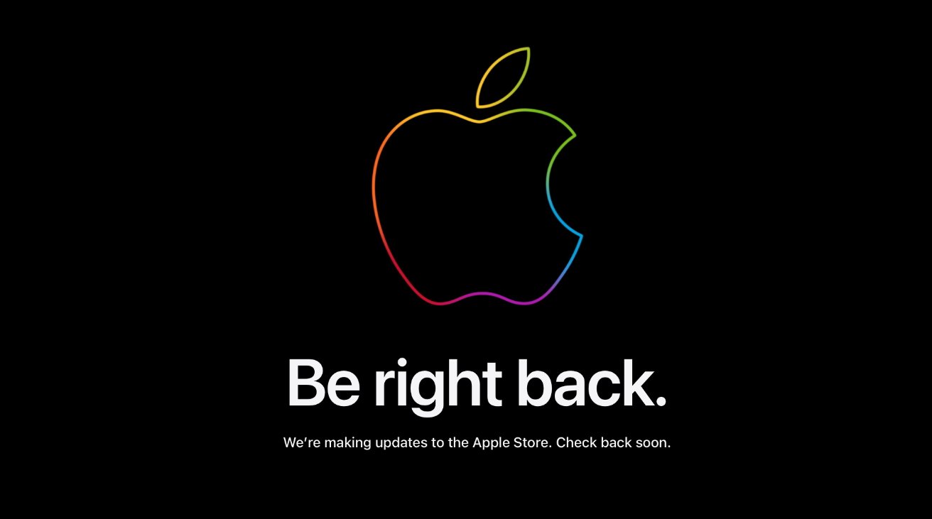 Apple logo outline with a rainbow gradient, black background, white text saying Be right back. We're making updates to the Apple Store. Check back soon.