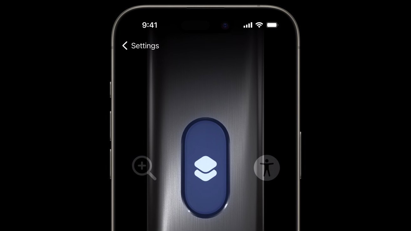 Close-up of a smartphone screen showing the settings menu with a central blue button and icons for zoom and accessibility features.