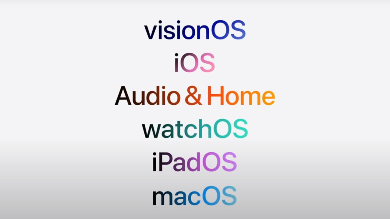 visionOS, iOS, Audio & Home, watchOS, iPadOS, and macOS in different colors on a white background.