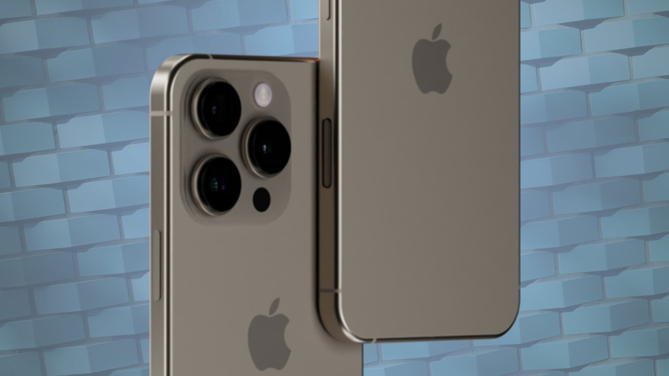 Two smartphones with multiple camera lenses and an Apple logo, set against a textured blue brick background.