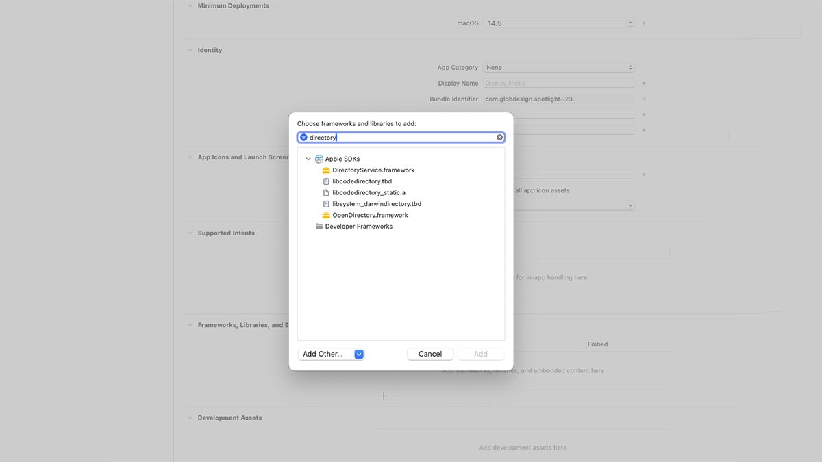 Directory Services frameworks in Apple's Xcode IDE.