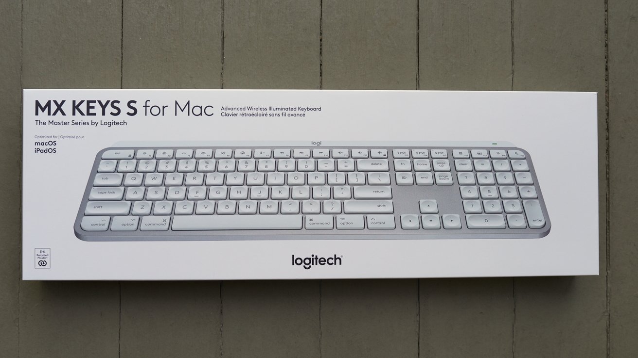 Logitech MX Keys S for Mac box, showcasing a sleek, white, illuminated wireless keyboard optimized for macOS and iPadOS.