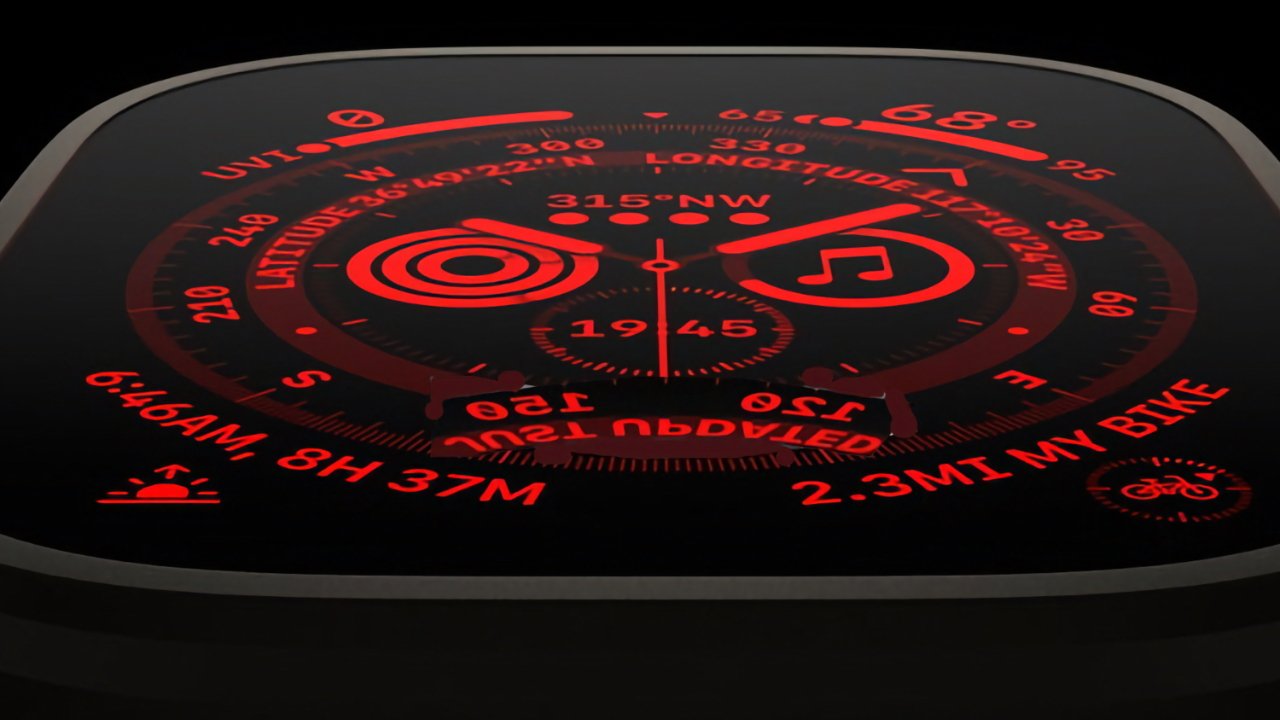 Smartwatch screen displaying various metrics in red text including time, coordinates, UV index, and distance traveled.