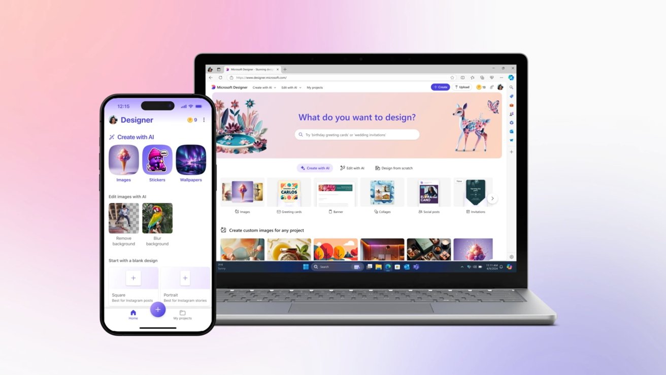 Smartphone and laptop screens displaying design software with options for creating images, stickers, wallpapers, greeting cards, and more with AI tools.