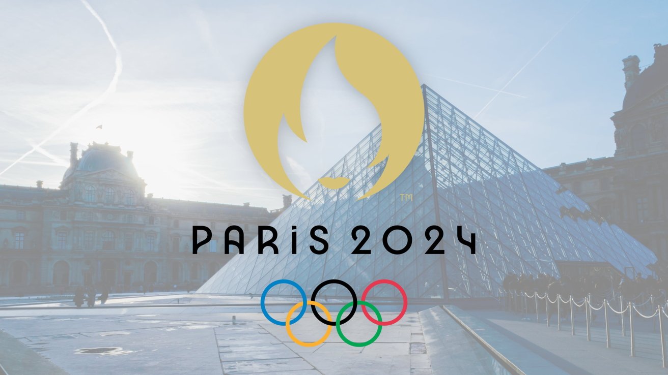 Golden emblem above bold 'PARIS 2024' text and Olympic rings, with the Louvre Pyramid and historic building in the background.