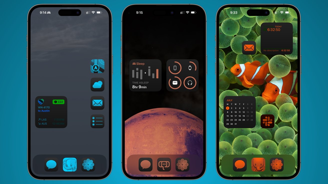 Three smartphones displaying various custom app icons and widgets with different themes: a dark theme, a planetary theme, and a marine clownfish theme.