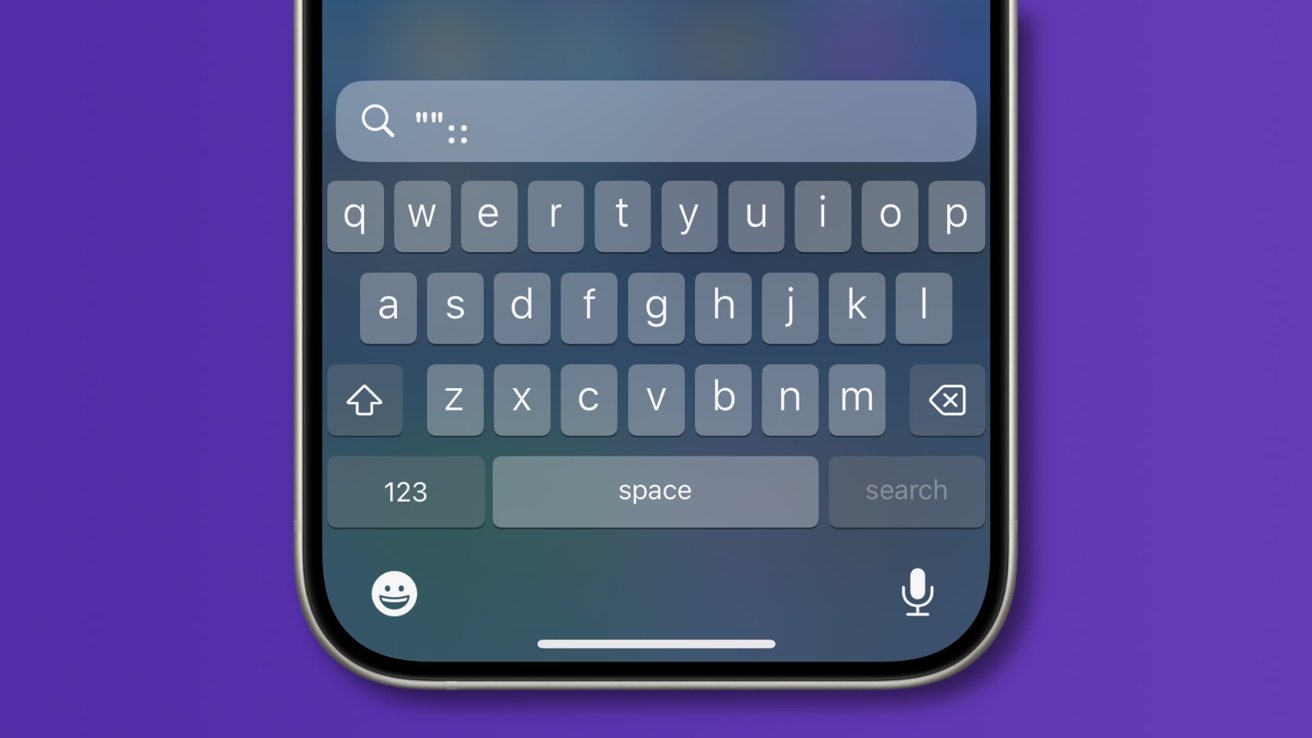 An iPhone displaying a virtual keyboard with a search bar above it, set against a purple background.