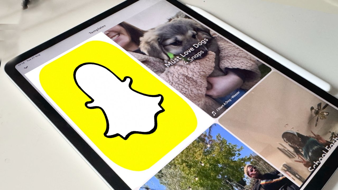 Tablet displaying Snapchat interface with various user stories, including a person holding a dog and another story featuring two persons outdoors.