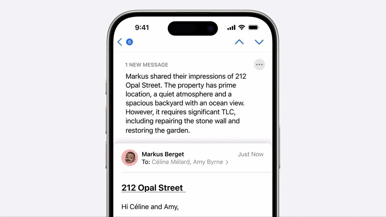 Smartphone screen showing an email about 212 Opal Street's prime location, quiet atmosphere, ocean-view backyard, but requiring significant repairs and garden restoration. Sent by Markus Berget.