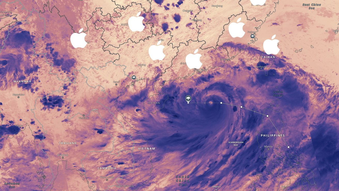 Satellite imagery provided by NASA of Yagi with Apple logos indicating factories and stores