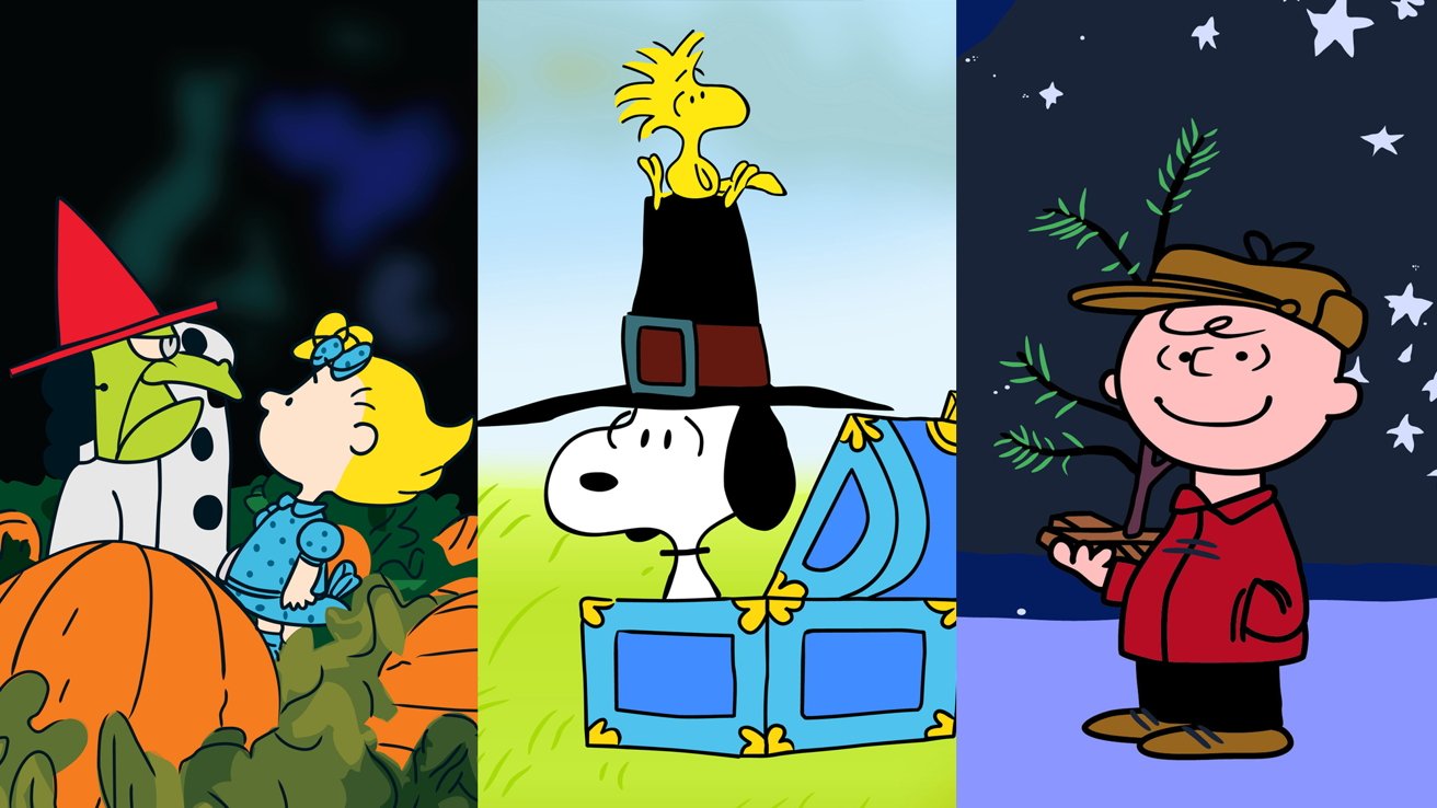 Peanuts characters in Halloween costumes, Snoopy in a pilgrim hat with Woodstock, and Charlie Brown holding a small tree with stars in the background.