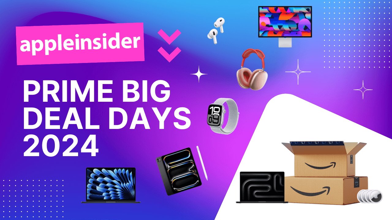 Colorful tech-themed advertisement for Prime Big Deal Days 2024 featuring gadgets like AirPods, a smartwatch, laptops, headphones, a monitor, and Amazon boxes on a purple and blue gradient background.