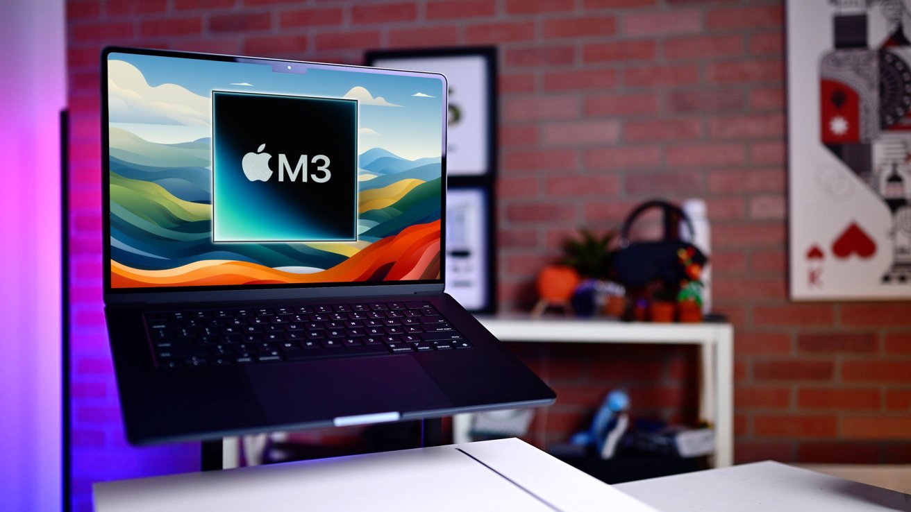 MacBook Air laptop displaying colorful landscape with 'M3' and Apple logo on screen against a brick wall background.