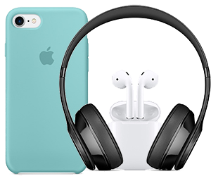 iPhone case, AirPods and Beats over-ear headphones