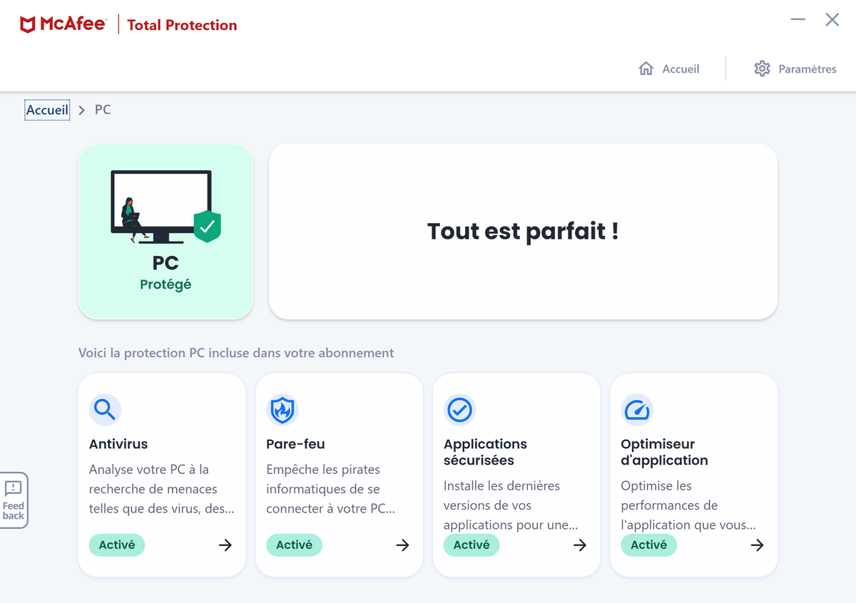 McAfee Total Protection - Interface d'accueil