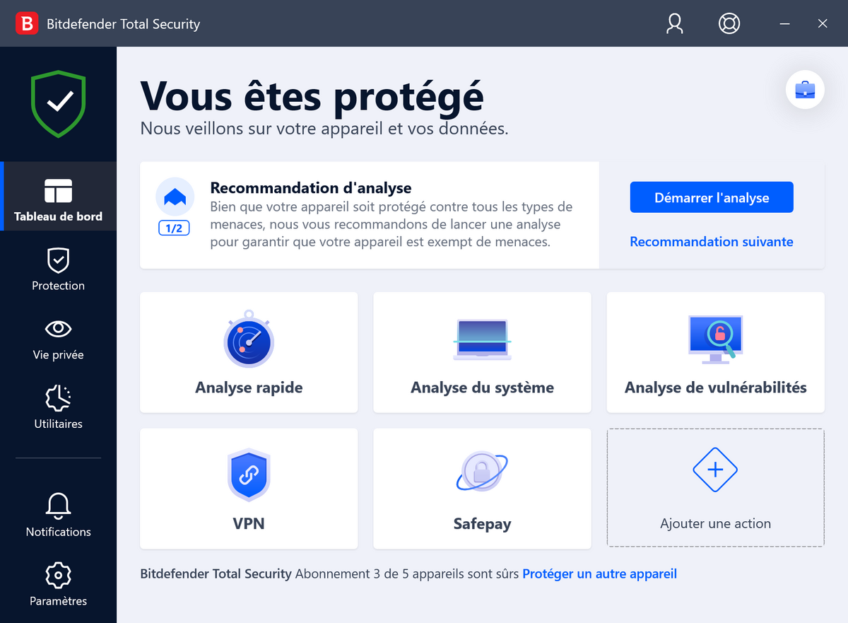 Bitdefender Total Security - Tableau de bord