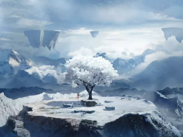 Live wallpaper «Winter landscape with a lonely sakura»