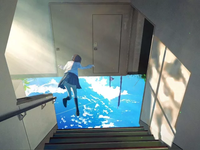 Live wallpaper «On the stairs a girl hovers in the air in 4K»