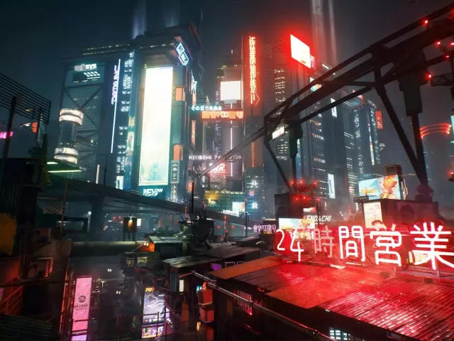 Live wallpaper «Bright signs in the night city, cyberpunk style»