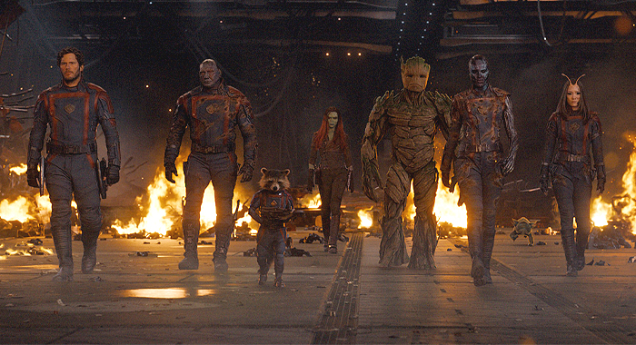 Chris Pratt as Star-Lord, Dave Bautista as Drax, Rocket (voice: Bradley Cooper), Zoe Saldana as Gamora, Groot (voice: Vin Diesel), Karen Gillan as Nebula, Pom Klementieff as Mantis in Guardians of the Galaxy Vol. 3 (2023)