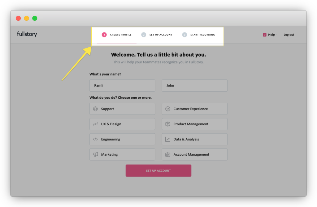 FullStory progress bar SaaS user onboarding