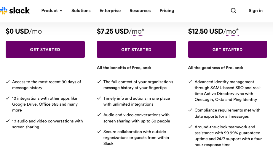 Slack Pricing: Based on number of users