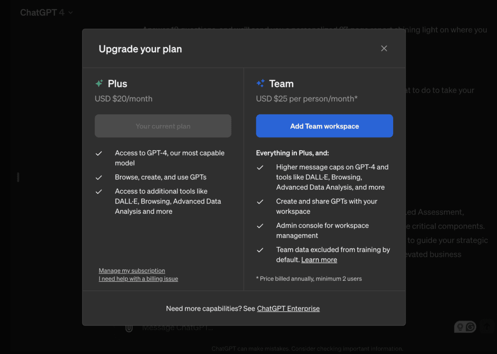 screenshot of ChatGPT's upgrade flow process